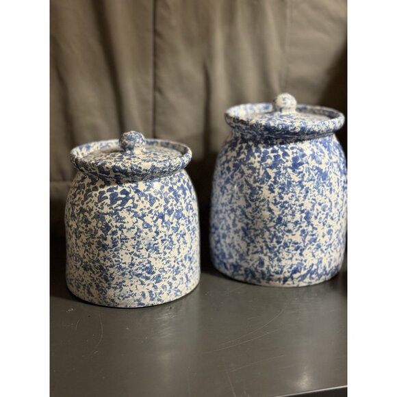 Blue Spongeware Large Storage Jars & Lids Crock Pair Of 7” And 9”